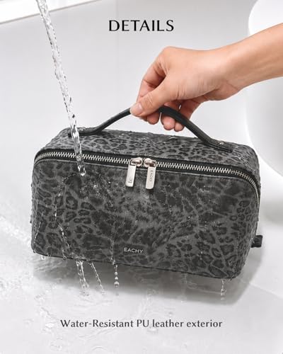 Image of EACHY Travel Makeup Bag, Large Capacity Cosmetic Bag for Women, Waterproof PU Leather, Flat Open Portable Toiletry Bag for Skincare, Brushes & Travel Essentials