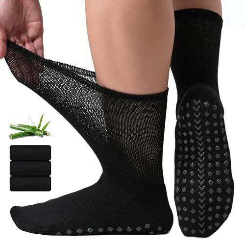 Caldodo Bamboo Diabetic Grip Socks for Men Seamless Loose Soft Top Socks