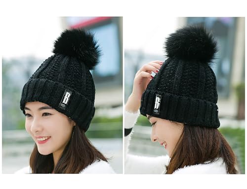 Image of SYGA Winter Beanie Hat for Women Warm Thick Cotton Lining Knit Bobble Pom Pom Skull Cap Fleece Lined Warm Cap Outdoor Sports Hat for Ladies Women Girl Free Size