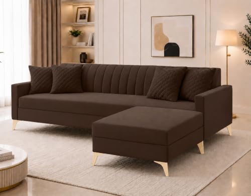 Image of AMATA Falcon ele 4 Seater Fabric Suede Velvet Brown Colour Sofa Set with Four Cushions Perfect for Home Office Guests Living Room (Falcon Brown 01, Falcon 4 Seater l Shape)(3 Year Warranty)