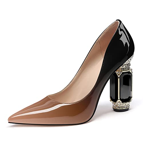 Image of JANSEVEN Women Chunky Heels Pumps Crystal Block Heels with Rhinestones Pointed Toe Sexy Gradient Patent Leather Slip on Bridal Party Wedding Dress Shoes 5-13 M US