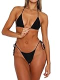 Alyweatry Women 2 Pieces Bikini Swimsuit Spaghetti Strap Top Tie Side Triangle G-Thong Bathing Suit Swimwear (A-Black, S)