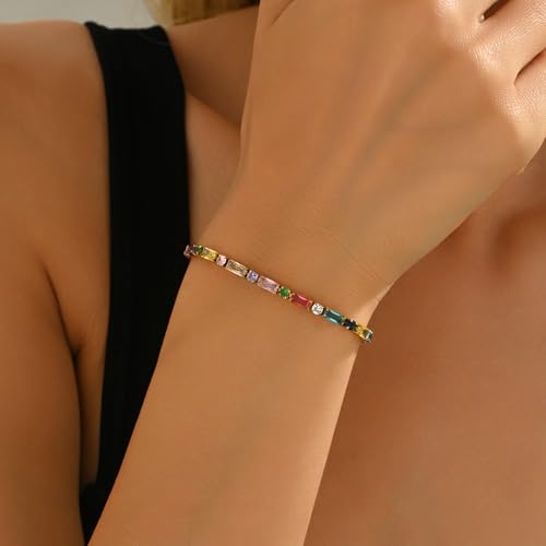 18K Gold Plated Multi-Color Classic Tennis Bracelet for Women Dainty Color 3mm Rainbow Cubic Zirconia Bracelet Adjustable CZ Gold Bracelets Trendy Summer Jewelry Gift3