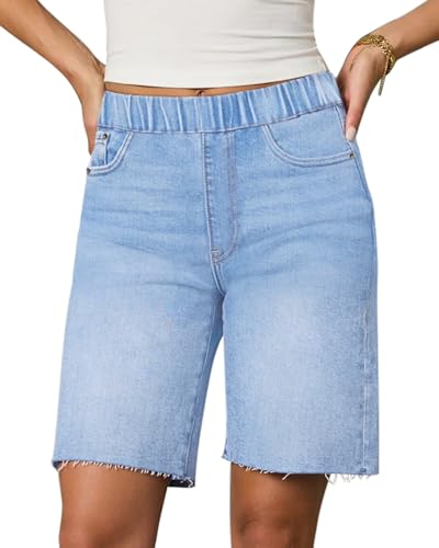 Women's Raw Hem Denim Bermuda Shorts Mid Rise Long Jorts Baggy Pull On Strechy Jeans Shorts with Elastic Waist