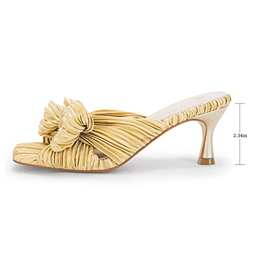 Image of Coutgo Womens Bow Heeled Sandals Pleated Bowknot Heels Open Square Toe Cute Kitten Heel Mules Slip On Wedding Dress Shoes