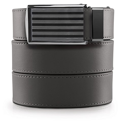SlideBelts Men's Classic Belt with Premium Buckle (Grey Leather with Bar-Striped Buckle (Vegan), One Size)