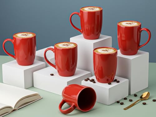 Bodhi House 'Kawaii' Large Coffee Mug Set of 6, Stoneware Tea Cup, Microwave Safe Milk Cup, Glossy Finish, Ideal for Daily use, Casual Gatherings and Gifting, Red, 350 Ml