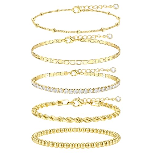 TEN MIRO 16k Chunky Gold Plated Bracelets for Women Non Tarnish,Womens Gold Plated Bracelet Stack...