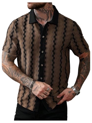 SOLY HUX Men's Casual Button Down Shirt Textured Short Sleeve Collared Summer Shirts
