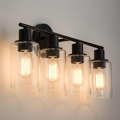 Image of 4-Light Bathroom Light Fixture Over Mirror Black 4-Light Vanity Light Fixture for Bathroom Vanity Black Wall Sconce Over Sink