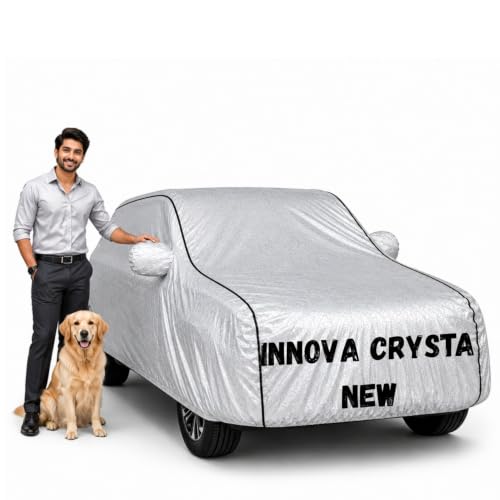 Image of Waterproof Car Cover for Innova Crysta New | Soft Cotton Lining Heavy Duty Triple Stitched Heat Resistant Outdoor Cover Comes with Mirror and Antenna Pocket Full Bottom Elastic (Zig Zag Silver)