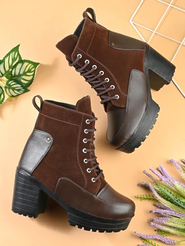 Image of XE Looks Women's brown Over-the-Knee Long Boots | Stylish Suede Finish with Tie-Up Detail | Comfortable Block Sole Winter Footwear for Girls and Women
