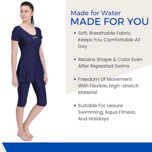 Image of Originals Swimming Costume for Women's One-Piece Beach Wear with Sleeve & Skirted 3 /4 Leggings Maximum Covered Swim Wear Dress (L - 7XL)