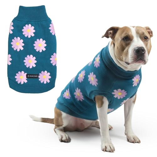 Spark Paws Strick Hundepullover – Ultrasofter, Warmer Winterpullover für kleine, mittlere & große Hunde – Dehnbarer Hundepullover für French Bulldogs, Pitbulls, Hündinnen & Rüden, (Flower,3XL)