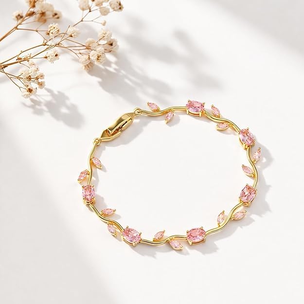 Image of Golden Baby Pink Tulip Bracelet for Women Stylish | Anti Tarnish Jewellery for Women, Hand Wristlet for Girls | Aesthetic Accessories for Girls, Valentine's Gift for Girlfriend