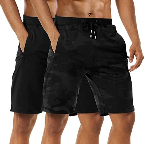 Boyzn Men's 2 Pack Athletic Shorts Casual Cotton Shorts Workout Running Shorts Quick Dry Lightweight Gym Shorts with Zip Pockets Black/Camo-L