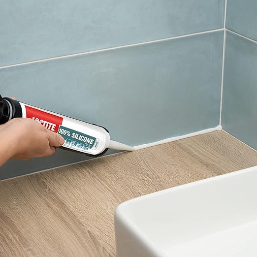 Image of Loctite 100% silicone sealant, Waterproof, No shrinkage,Dries in 10mins,Waterproof in 2hrs,Ideal for kitchen, bathroom,HVAC applications, sealant for glass, ceramics, aluminum, steel, White,260ml x 2