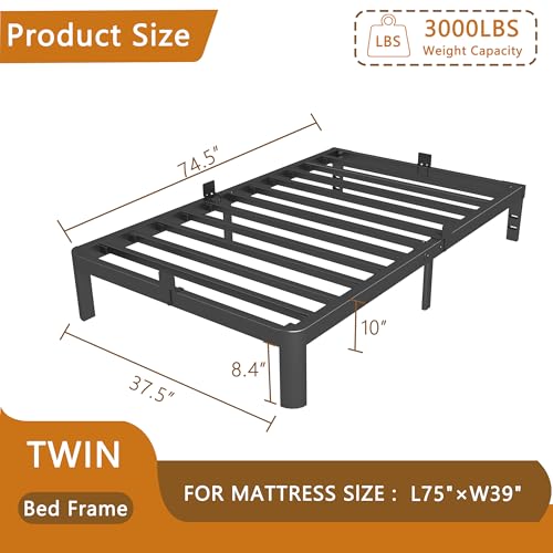 Image of 10 Inch Twin Size Bed Frames, Platform Bed with Metal Gaskets, Metal Bedframe No Box Spring Needed, DIY Headboard, Anti-Slip Mattress Stopper, Round Corner Leg, Easy Assembly, Black