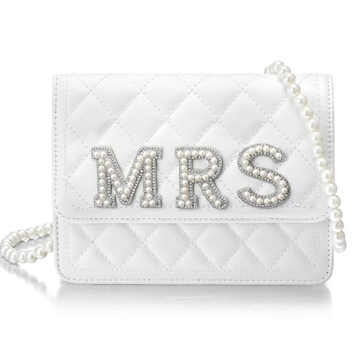 Image of Eccliy Bride Purse White Clutch Wifey Gift Mrs Bride Purse with Pearl Chain for Wedding Day Bridal Shower Gift Bachelorette