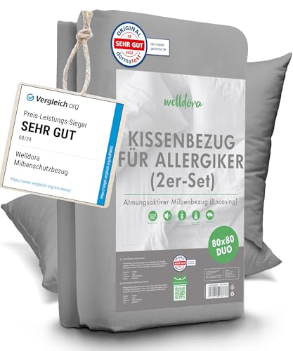 Welldora ǀ 2er-Set Milbenbezug Kissen 80x80 grau ǀ Allergiker Kissenbezug fachärztlich getestet ǀ Premium Encasing mit Reissverschluss ǀ...