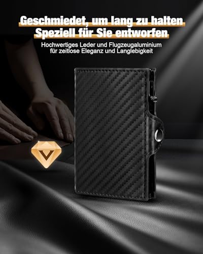 dwnkove Kartenetui Herren, Slim Wallet Geldbeutel mit Münzfach & RFID Schutz, Pop-Up Smart Wallet aus Kohlefaser, Kreditkartenetui für 8 bis 12 Karten, Wallets for Men, ID-Fenster, Fach für Bargeld