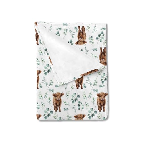 Image of HawSkgFub Highland Cow Eucalyptus Leaf Baby Blanket Boys Shower Gift, Western Cowboy Flannel Fleece Nursery Bed Receiving Swaddle, Soft Lightweight Newborn Infant Crib Toddler Bedding 30 x 40
