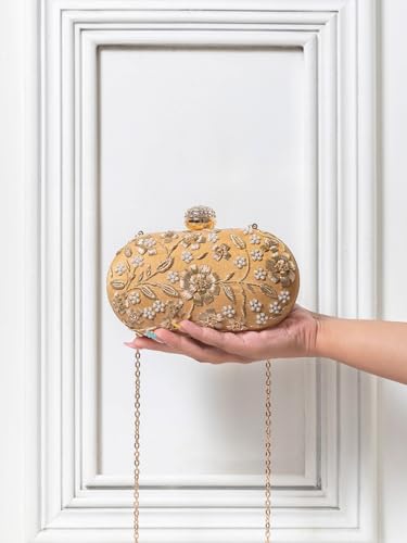 Image of THE TAN CLAN Hand Embroidered Luxury Clutch Purse for Women | Evening Hand Clutch Bag | Ladies Party Wedding Purse with Chain Strap | Ethnic Woman Handbag Gift for Birthday, Anniversary