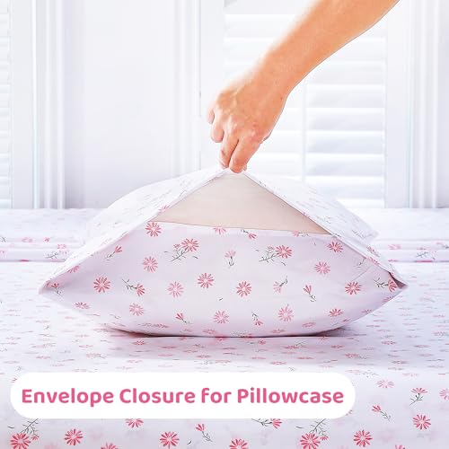 Image of Mooreeke Cozy Vintage Microfiber Printed Floral Twin Sheet Set - Soft & Breathable Pink Daisy Bed Sheets with Extra Deep Pocket - Non-Slip Fitted Design - Daisy Pattern - Twin