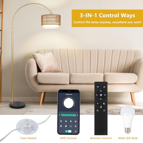Arc Floor Lamp for bedroom with Rattan & Linen Shades, Gold Floor Lamp with Remote & Dimming Bulb, Rustic Standing Lamp with 3 Color Temperatures, Adjustable Height Farmhouse Tall Lamp for Living Room