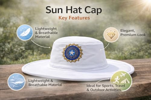 Image of Eirqne Cricket Sun Hat for Sports Fans with Embroidered Logo, Adjustable Outdoor Protection Cap for Training, Match Practice, Travel and Daily Comfort Wear (White)