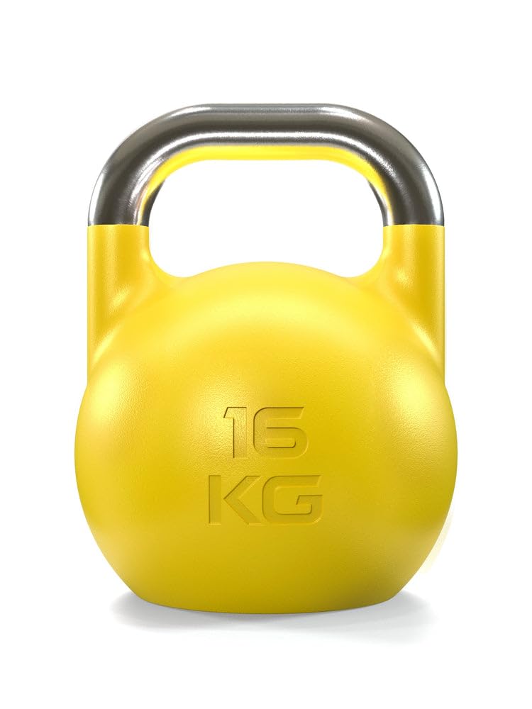 Atletica Kettlebell da competizione, 16 kg, giallo, in ghisa sferica, qualità da studio, logo discreto, codice colore competizione per una facile maneggevolezza, allenamento funzionale per tutto il