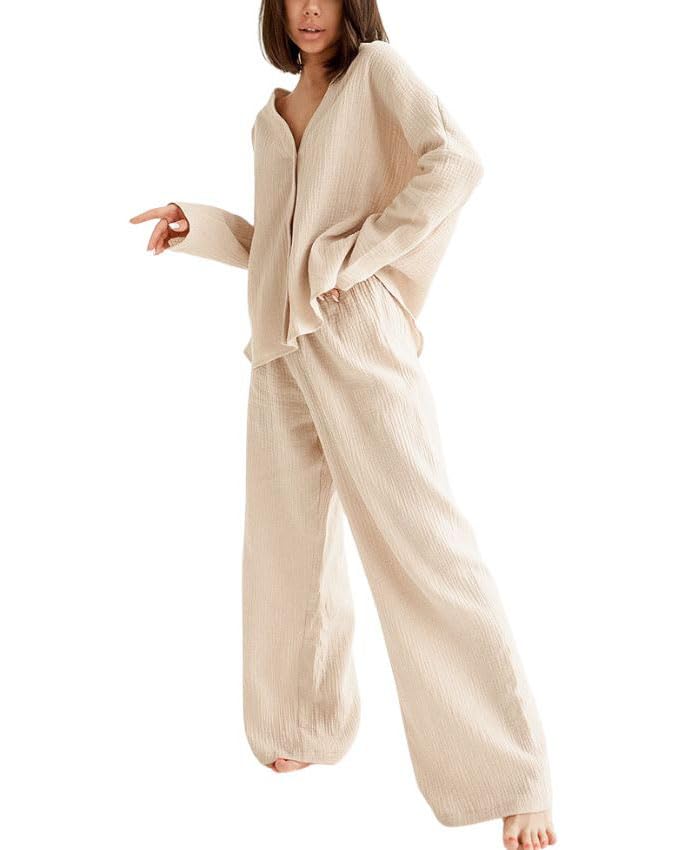 Womens Cotton Gauze Loungewear Sets Casual 2 Piece Sleepwear Button Down Shirt and Wide Leg Pants Outfits