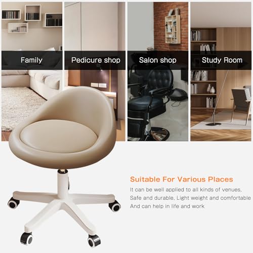 Image of Rolling Stool Chair with Backrest, Round PU Leather Adjustable Height Hydraulic Swivel Rolling Stool for Spa Salon Tattoo Massage Doctor Dental Medical Office Khaki Set of 2