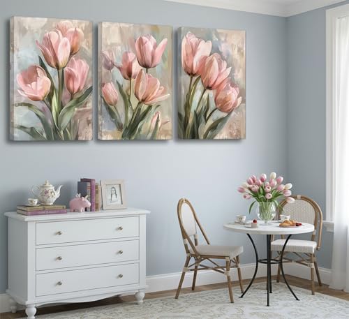 Image of 3 Pcs Vintage Pink Tulips Flowers Canvas Wall Art Retro Spring Pink and Green Floral Botanical Paintings Pictures Wall Decor Poster Print Artwork for Living Room Bedroom Home Decoration