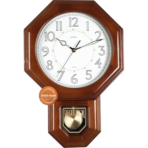 JUSTIME Traditional Luminous Schoolhouse Solid Wood Pendulum Wall Clock Chimes Hourly with Westminster Melody Chime Made in Taiwan (Dark Wood w/Westminster Chime)