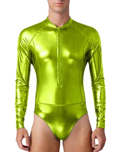 Manga larga y brillo metálico en el unitard de baile disco para hombre de corte alto