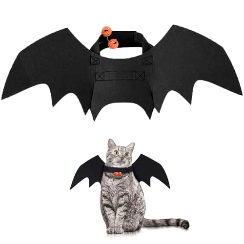 Halloween Kostüm Katze Fledermaus Flügel,Haustier Katzen Kleidung Fledermausflügel Costume,Pet Cat Bat Wings Kostüme Schwarze Katzenkostüm mit Kürbisglocken,für Haustiere Kitten Cats Cosplay Clothing