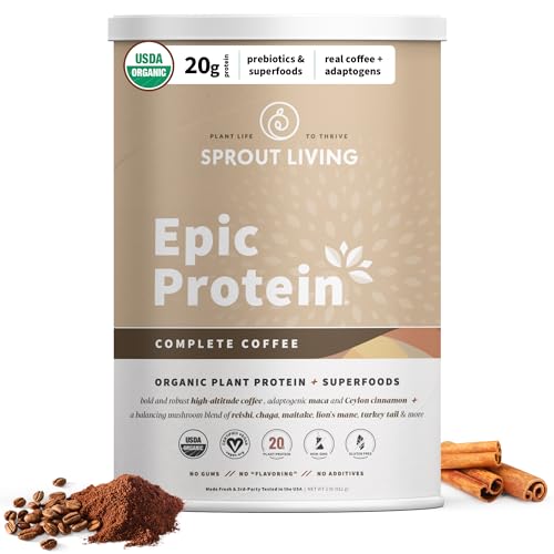 Image of Sprout Living, Epic Protein, Plant Based Protein & Superfoods Powder, Complete Coffee | 20 Grams Organic Protein Powder, Adaptogens, Mushrooms, Vegan, Non-GMO, Gluten Free (2 Pound, 24 Servings)