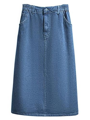 ebossy Women's Elastic Waist Back Slit Denim Midi Skirt Casual Work Pockets Pencil Jean Skirt