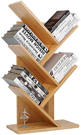 Tree Bookshelf, Bamboo Wood Bookcase Rack 4-Tier Book Rack, Free-Standing Holder Organizer, Book Storage Organizer Shelves, Books/CDs/Albums/Files Holder, Display Storage Rack for Home, Office