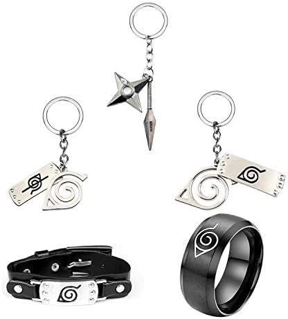 I3C Konoha – Set di 5 braccialetti + Konoha Shuriken, portachiavi + Konoha con anello nero n. 10, per uomo, donna, bambino, cosplay, animali
