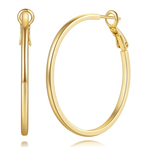 Gold Earrings for Women 14K Gold Hoop Earrings for Women Hoop Earring for Womens Everyday Classic Plain Hoops Shape Thin Large Hoops Earring for Womens 40mm