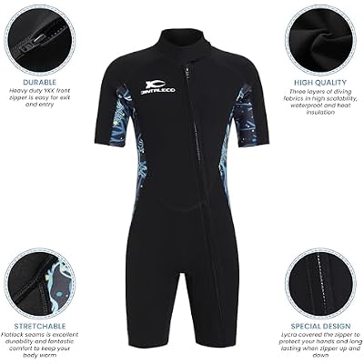 Mens Wetsuit, Front Zip Shorty Wetsuits for Men 3/2mm Neoprene Wetsuit with Short Sleeves for Swimming, Diving and Water Sports, Wetsuits for Temperature 12C & Above