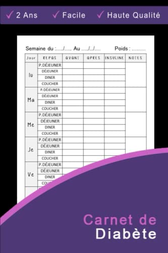 Carnet de Diabète: carnet de glycémie, carnet insuline, carnet autosurveillance diabète, suivi de glycémie, control du diabète | 106 semaines (2 ans)