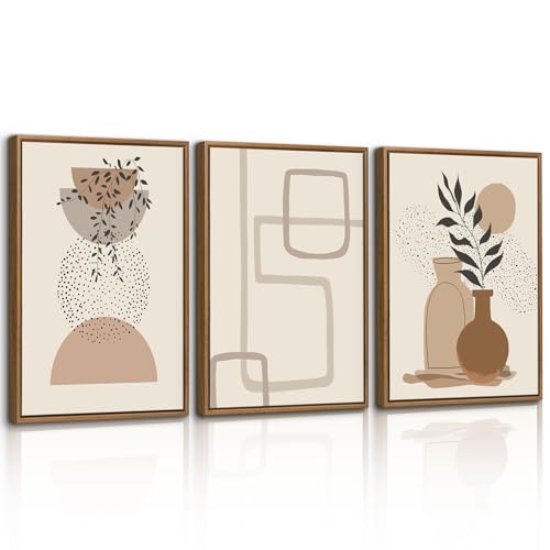 WENGTIAO Quadri su Tela con Cornice, Vintage Boho Astratto Geometrica, Stampa su Tela Beige Marrone Minimaliste Neutre per Quadro Moderno Soggiorno Camera da Letto Decorazioni Parete 30x40cmx3