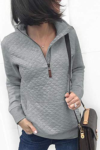 BTFBM Women Fashion Quilted Pattern Lightweight Zipper Long Sleeve Plain Casual Ladies Sweatshirts Pullovers Shirts Tops (Light Grey, Large)