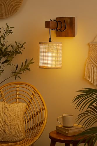 Image of AKWAY Rattan wall Lamps for Living Room | Bamboo wall Lights for Bedroom | Cane wall scones for Home Decoration (Bulb Not Included) (Rattan Square Webbing Hang)