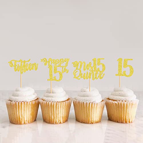 Blumomon Gold Glitter 15th Birthday Cupcake Toppers Happy Birthday Sweet 15 Cupcake Toppers Happy 15th Cake Decorations for 15th Birthday Mis Quince 15 Theme Party Supplies
