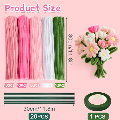 Image of ASTARON 521 Pcs 5 Colors Art Chenille Stems Pipe Cleaners Flower Making Kit | Pink Series Craft Pipe Cleaners,20 Floral Wires,Green Gardening Tape, Flowers Making Kit, Polyester Fluffy Pipe Cleaners Set