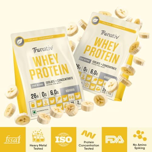 Image of Trunativ Pro Blend Whey Protein Powder Isolate & Concentrate | 100% Light & Clean Protein Powder | 26g Protein | 6g BCAA | 12.52g EAA | No added sugar | Banana 2lbs (907g)